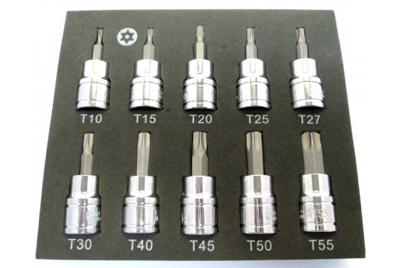 Torx doppenset met boring 3/8" in foam inlay 10-delig